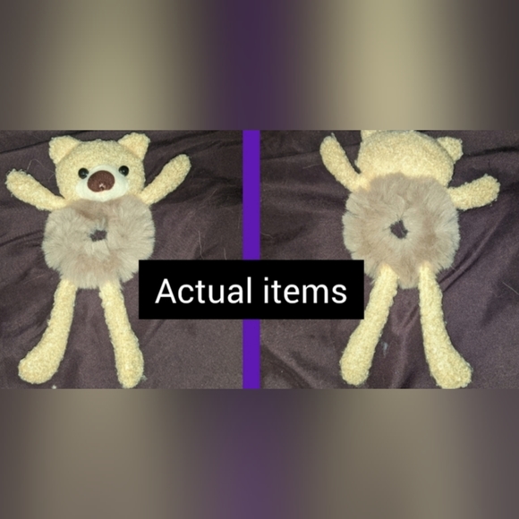 Teddy Bear w Fur belly Hair Scrunchie - Khaki - Picture 7 of 8